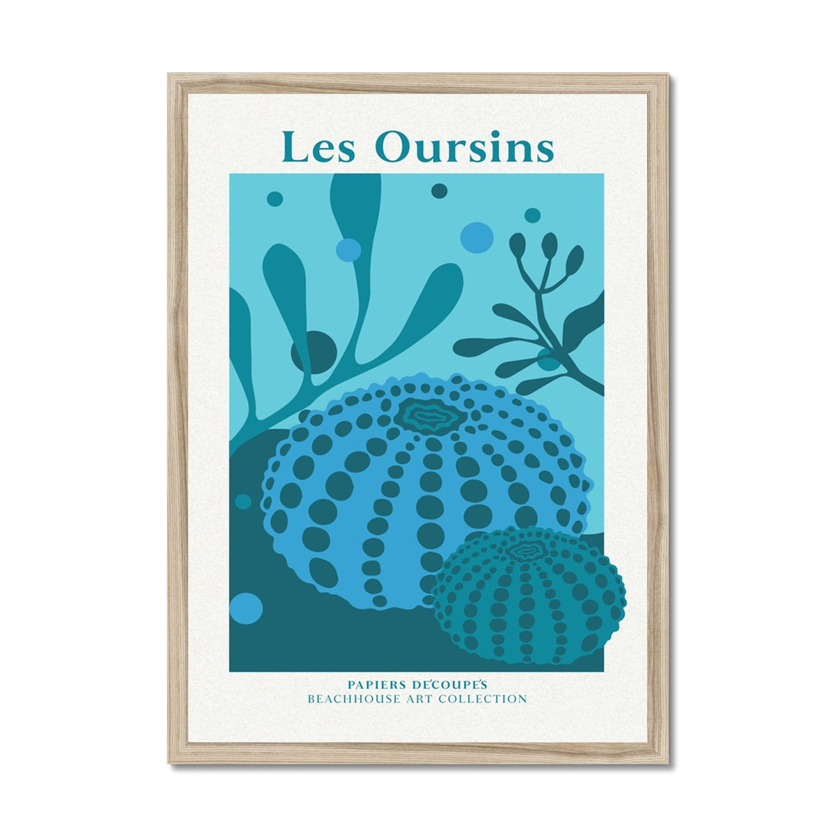 Framed artwork with blue sea urchin design and 'Les Oursins' text on a white background