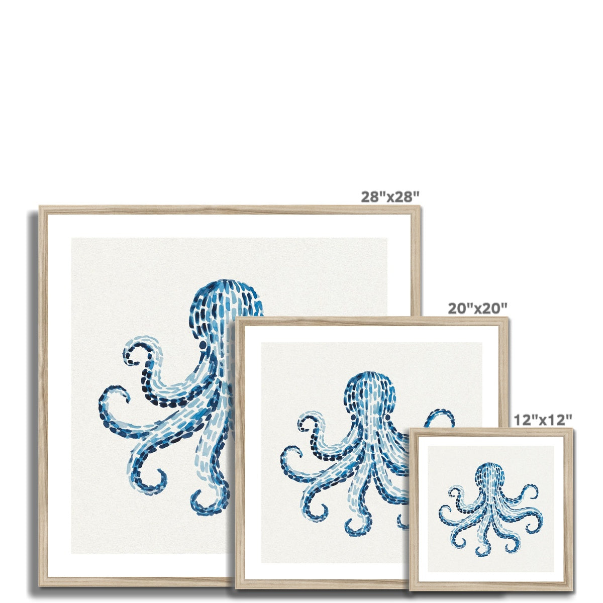 Set of three framed octopus prints with dimensions displayed