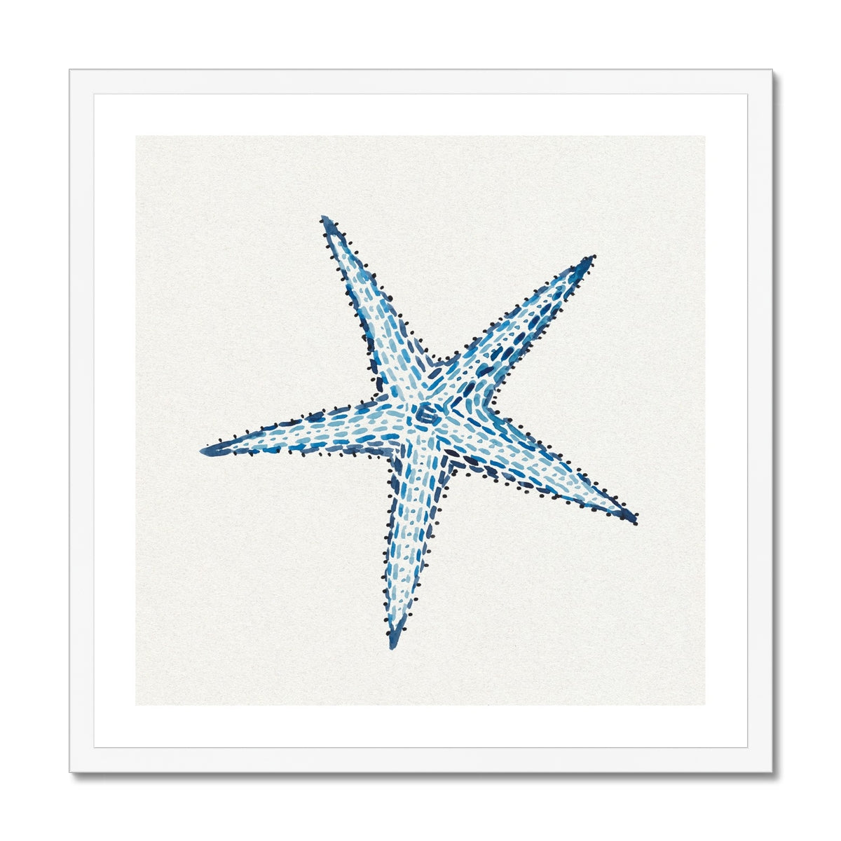 Framed artwork of a blue starfish on a white background