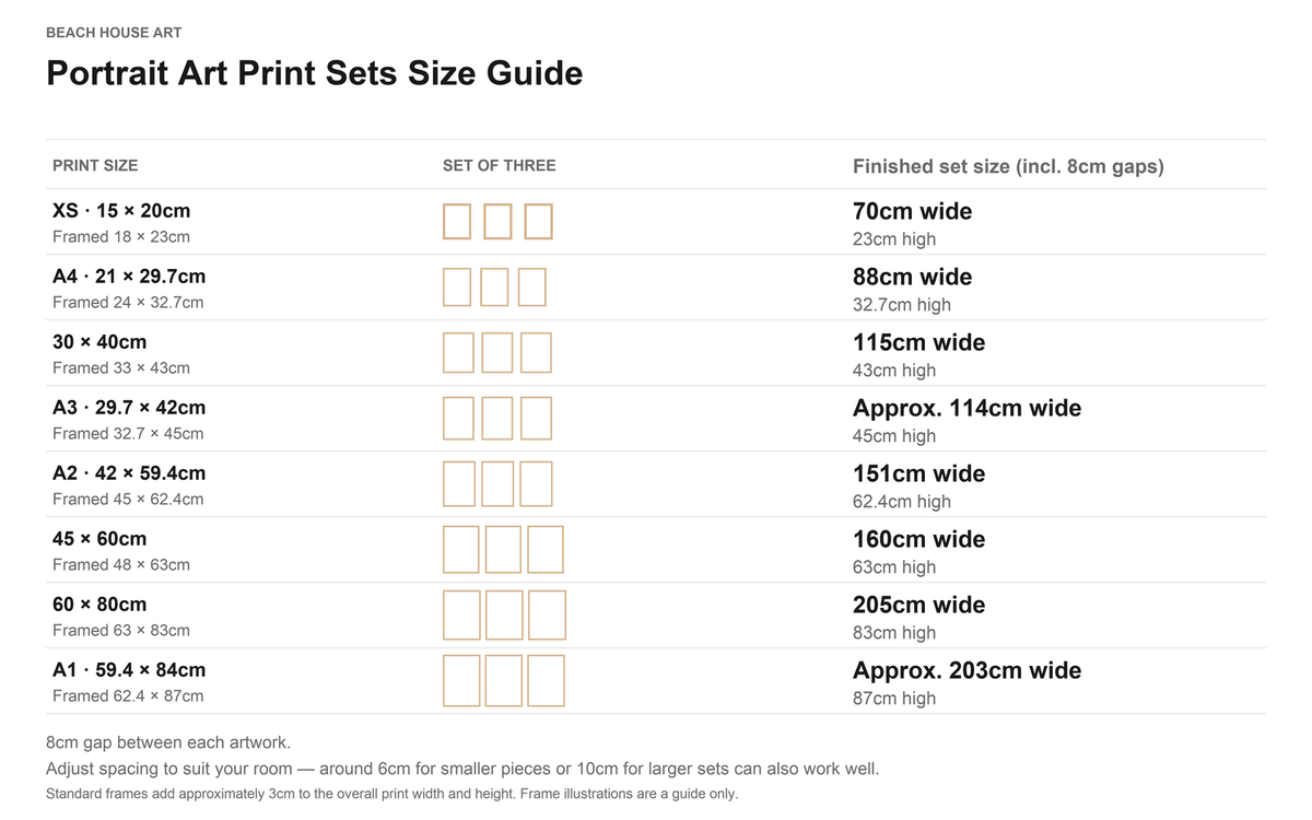 A size guide chart for BEACH HOUSE ART Portrait Art Print Sets, showing print sizes in centimeters, framed sizes, and finished set dimensions in a clean table layout on a white background.