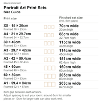 A art print size guide chart for Portrait Art Print Sets, showing print sizes in centimeters, framed sizes, and finished set dimensions in a clean table layout on a white background.