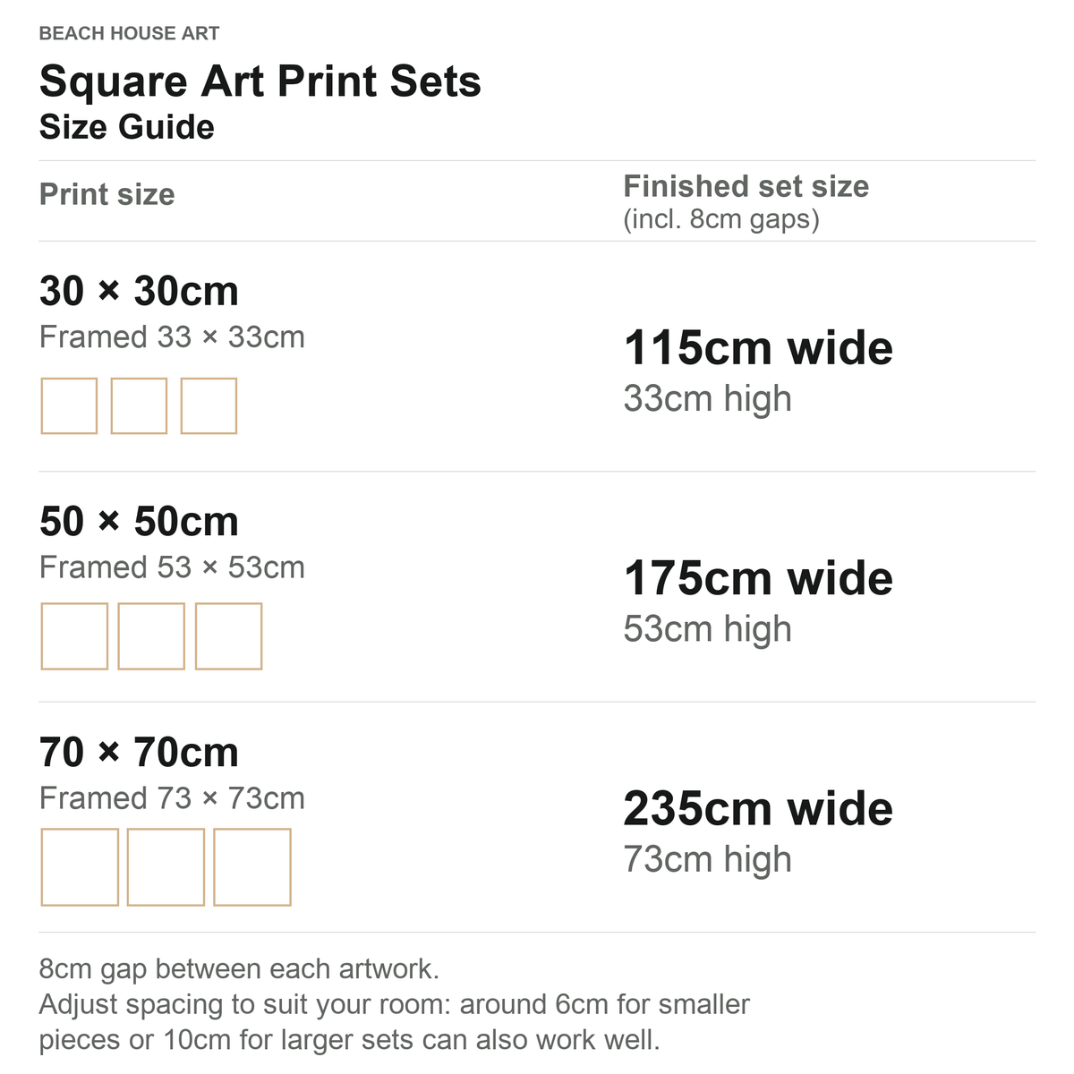 A size guide chart for square art print sets by Beach House Art, showing print sizes from 30x30cm to 70x70cm and the corresponding finished set sizes in width and height, with small square outline placeholders.