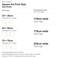 A size guide chart for square art print sets by Beach House Art, showing print sizes from 30x30cm to 70x70cm and the corresponding finished set sizes in width and height, with small square outline placeholders.