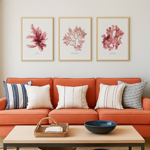 set of three seaweed prints framed in living room above sofa - coastal art prints in living room