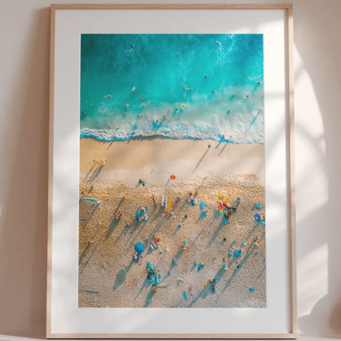 aerial beach photography print framed with a natural frame. coastal photography print