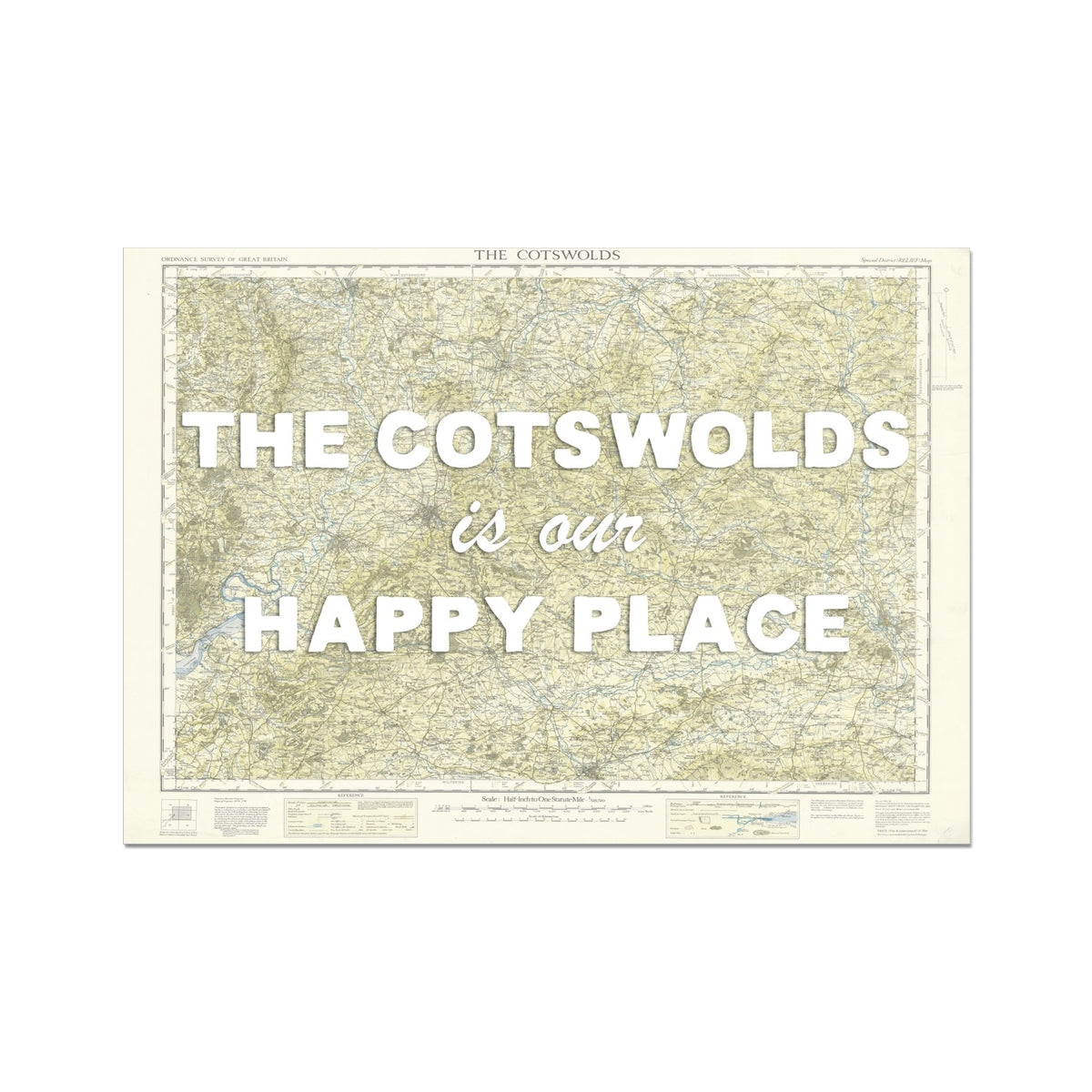 Map of The Cotswolds with text 'The Cotswolds is our happy place' on a white background