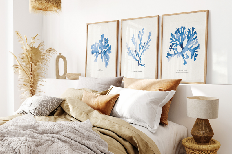 best selling bedroom art print collection header - set of three indigo seaweed paintings on a shelf above a bad with linen bedding