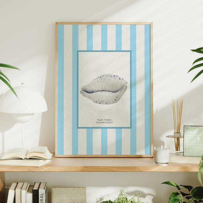 Hand-painted Cowrie Shell Art Print | Aqua-blue Stripe Background - Unframed