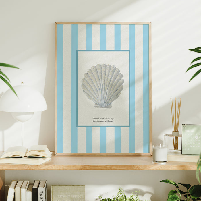 Hand-painted Scallop Shell Art Print | Aqua-blue Stripe Background - Unframed