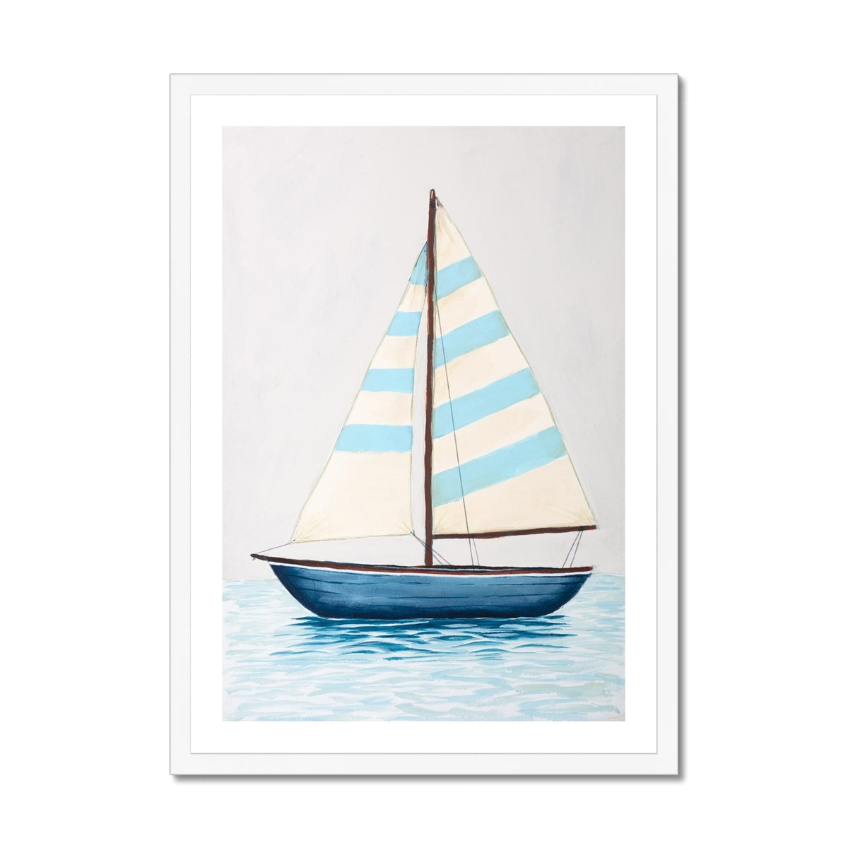 Framed artwork of a sailboat with striped sails on a light gray background