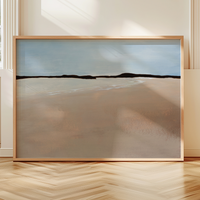 Minimal coastal seascape painting with neutral sand tones and calm horizon, framed wall art