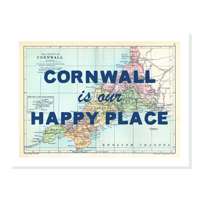 map of cornwall is our happy place art print with navy blue font.