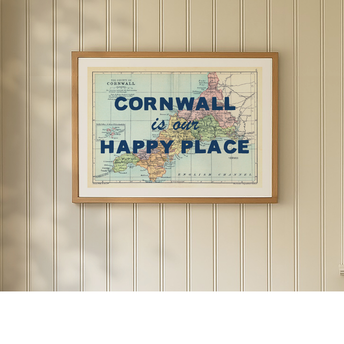 Cornwall is Our Happy Place Quote on Vintage Cornwall Map Print - Framed