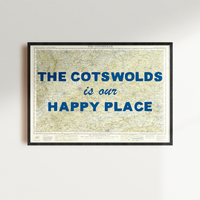 Framed cotswolds map art print with 'The Cotswolds is our happy place' text on a light gray background