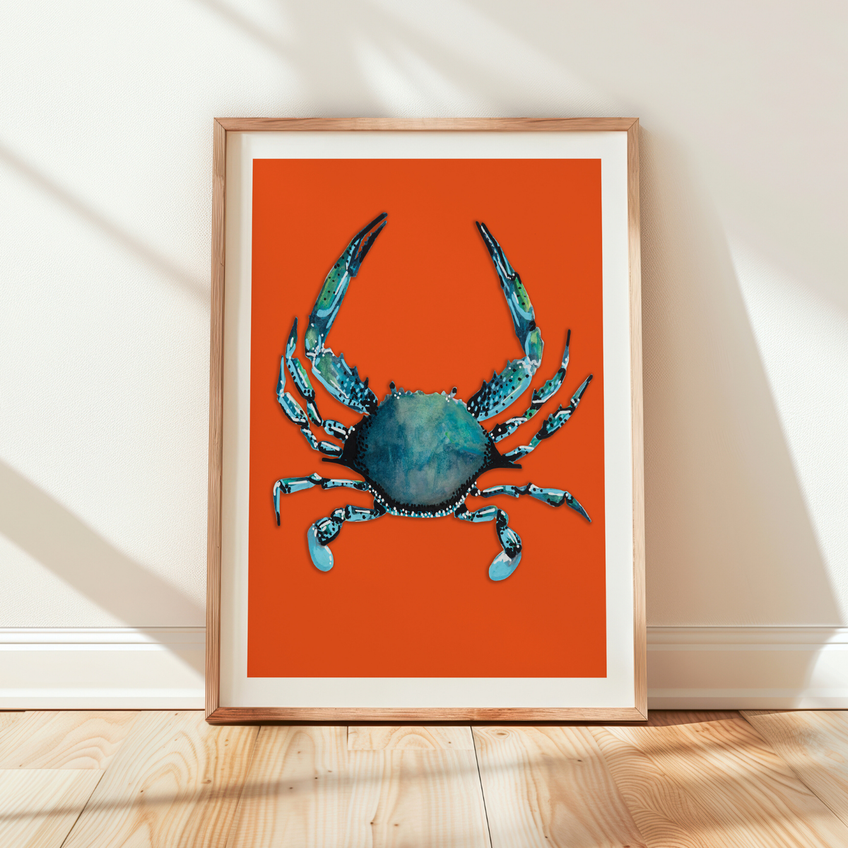 Crb painting - Framed artwork of a blue crab on an orange background
