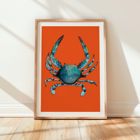 Crb painting - Framed artwork of a blue crab on an orange background