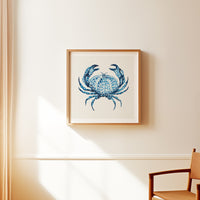 Blue crab watercolour coastal art print in shades of indigo blue by Beach House Art