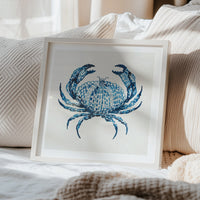 Blue crab art print in shades of indigo blue by Beach House Art in bedroom