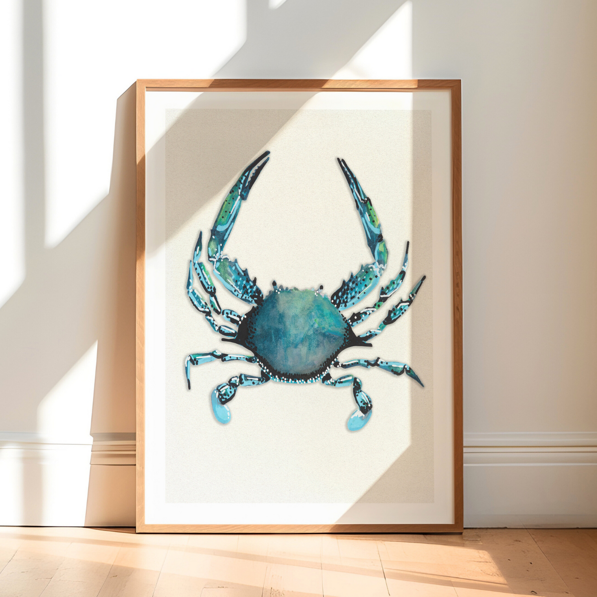 Crab print in watercolour, framed shellfish wall art for kitchen interiors. Crab painting