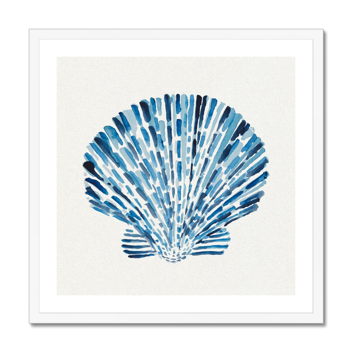 Framed artwork of a blue scallop shell design on a white background