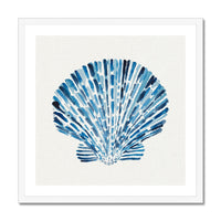 Framed artwork of a blue scallop shell design on a white background