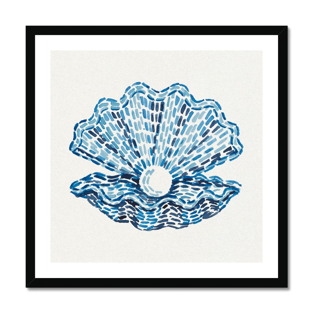 Pearl clam shell watercolour coastal art print in layered blue tones by Beach House Art