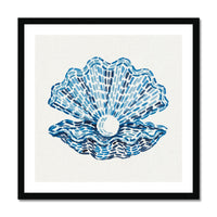 Pearl clam shell watercolour coastal art print in layered blue tones by Beach House Art