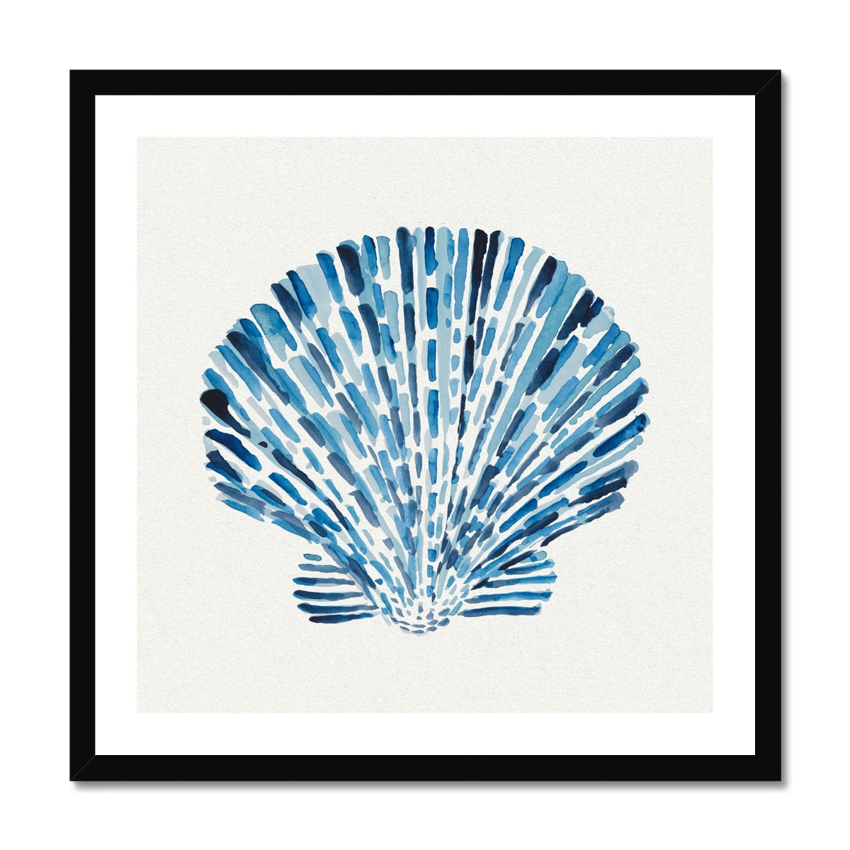 Scallop shell painting with layered blue brushstrokes on a neutral background, contemporary coastal wall art