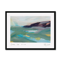 A framed abstract landscape painting of Sennen Cove in Cornwall, featuring teal, green, blue, and dark purple brushstrokes on a white mat with a black frame.