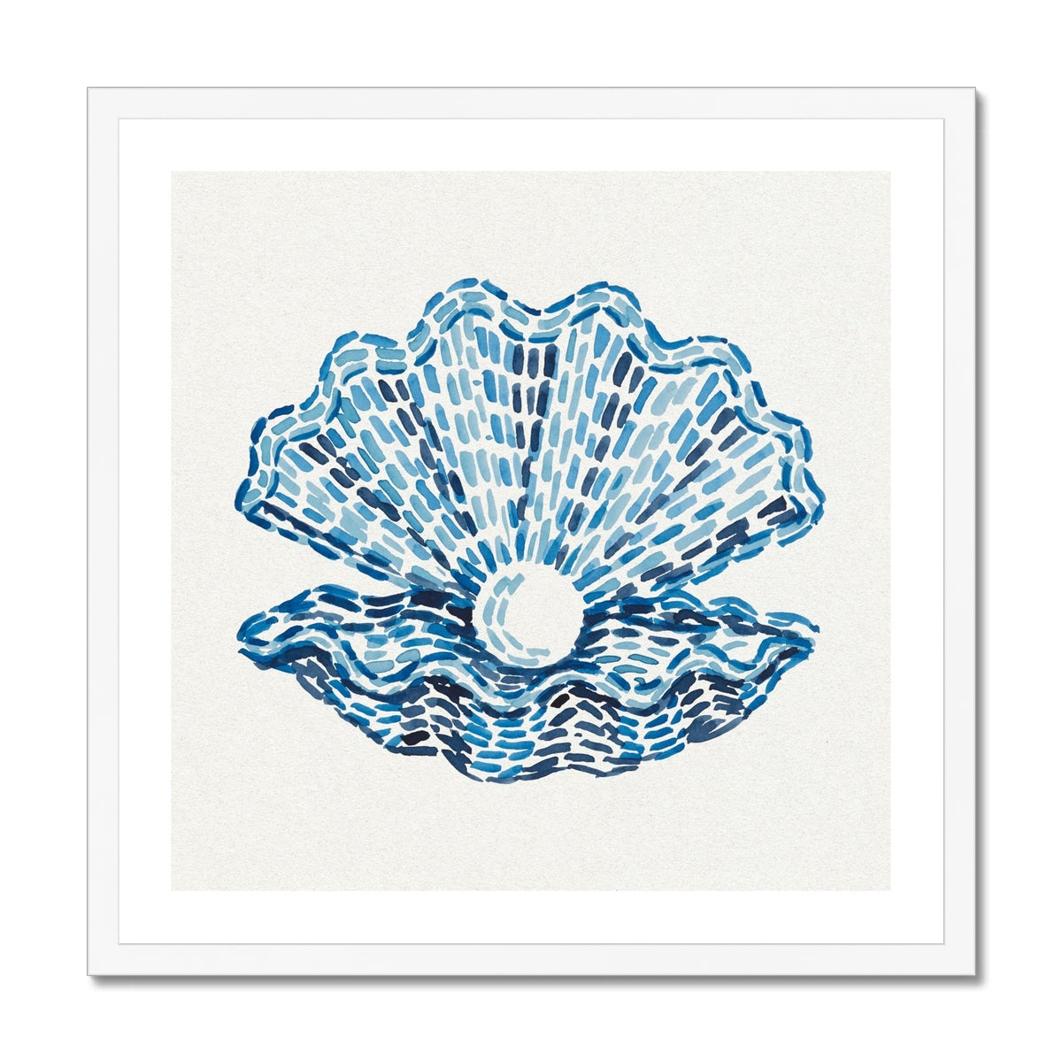 Framed artwork of a blue shell with a white pearl on a beige background