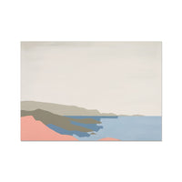 Abstract seascape painting in pastel colours, including pink and blue. Abstract coastal painting