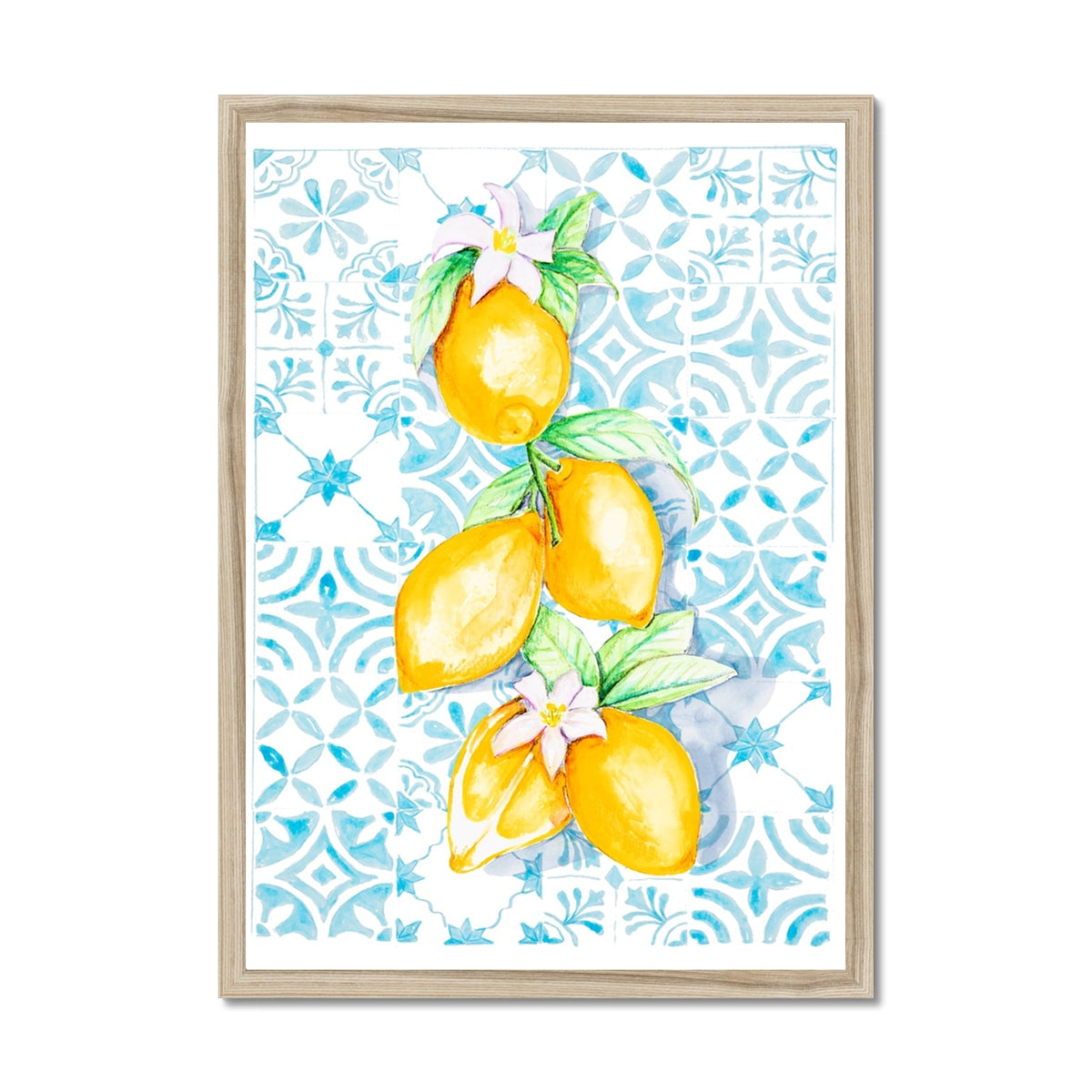 Framed artwork of lemons and flowers on a blue patterned background