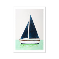 Sailboat painting with blue sails on a light green background