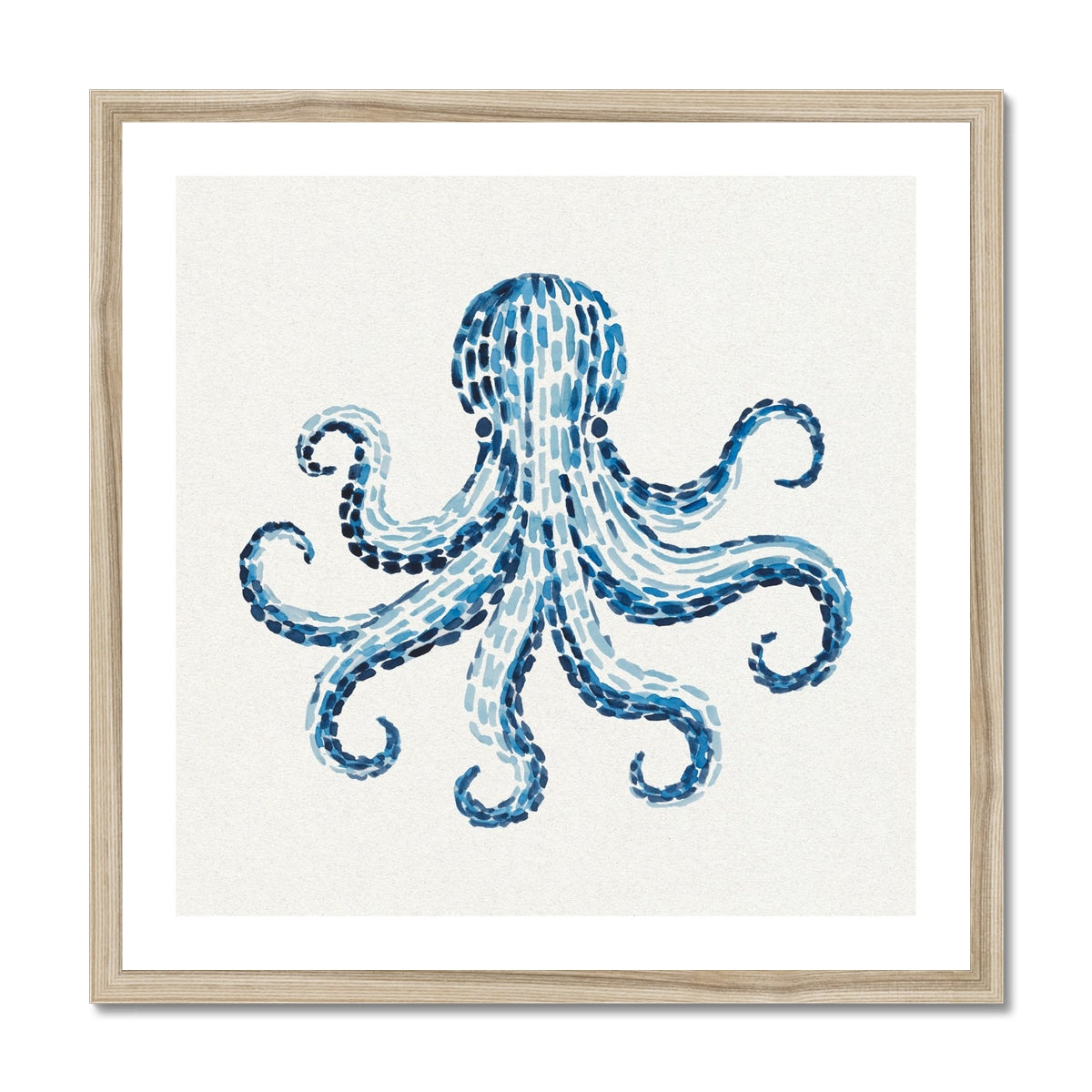 Framed artwork of a blue octopus on a white background