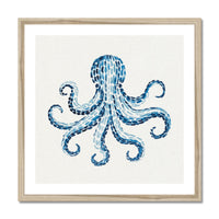 Framed artwork of a blue octopus on a white background