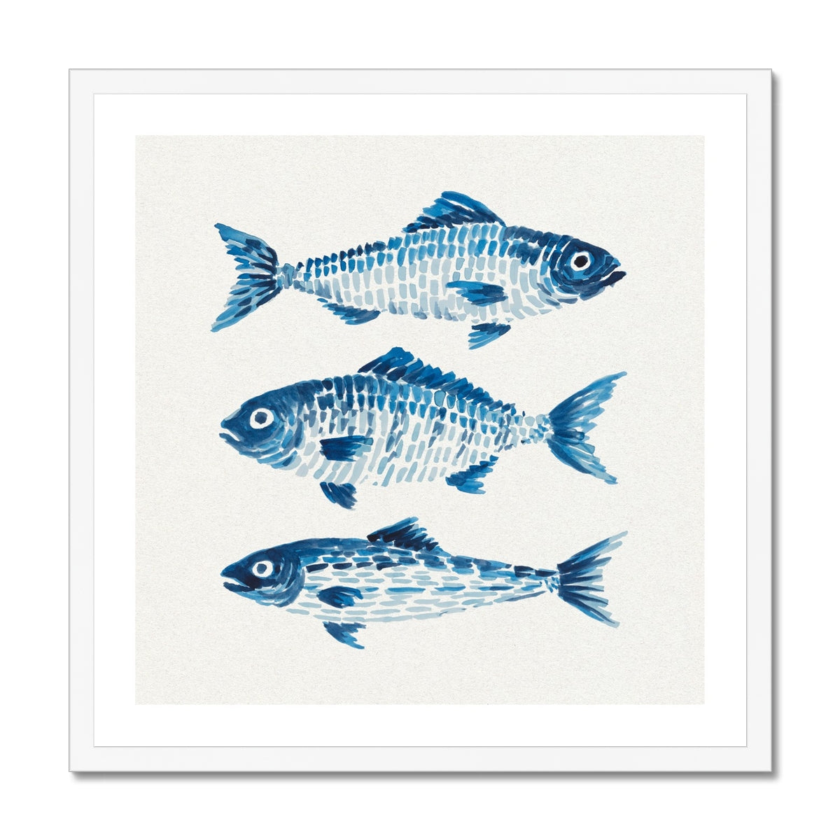Framed artwork of three blue fish illustrations on a white background