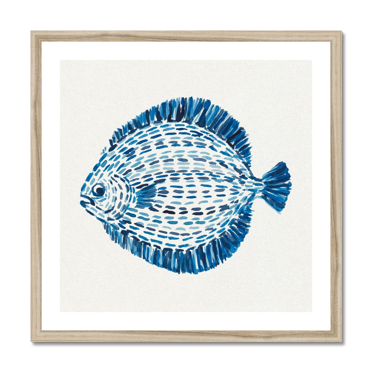Contemporary blue flat fish artwork painted with layered watercolour brushstrokes on a neutral background