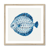 Contemporary blue flat fish artwork painted with layered watercolour brushstrokes on a neutral background