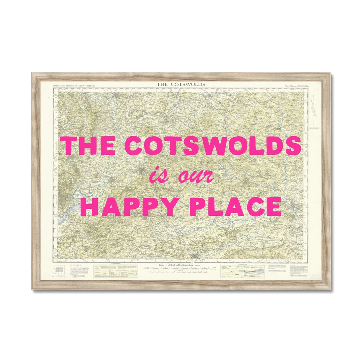 Framed map with 'The Cotswolds is our happy place' text in pink on a white background
