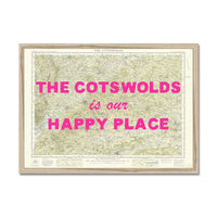 Framed map with 'The Cotswolds is our happy place' text in pink on a white background