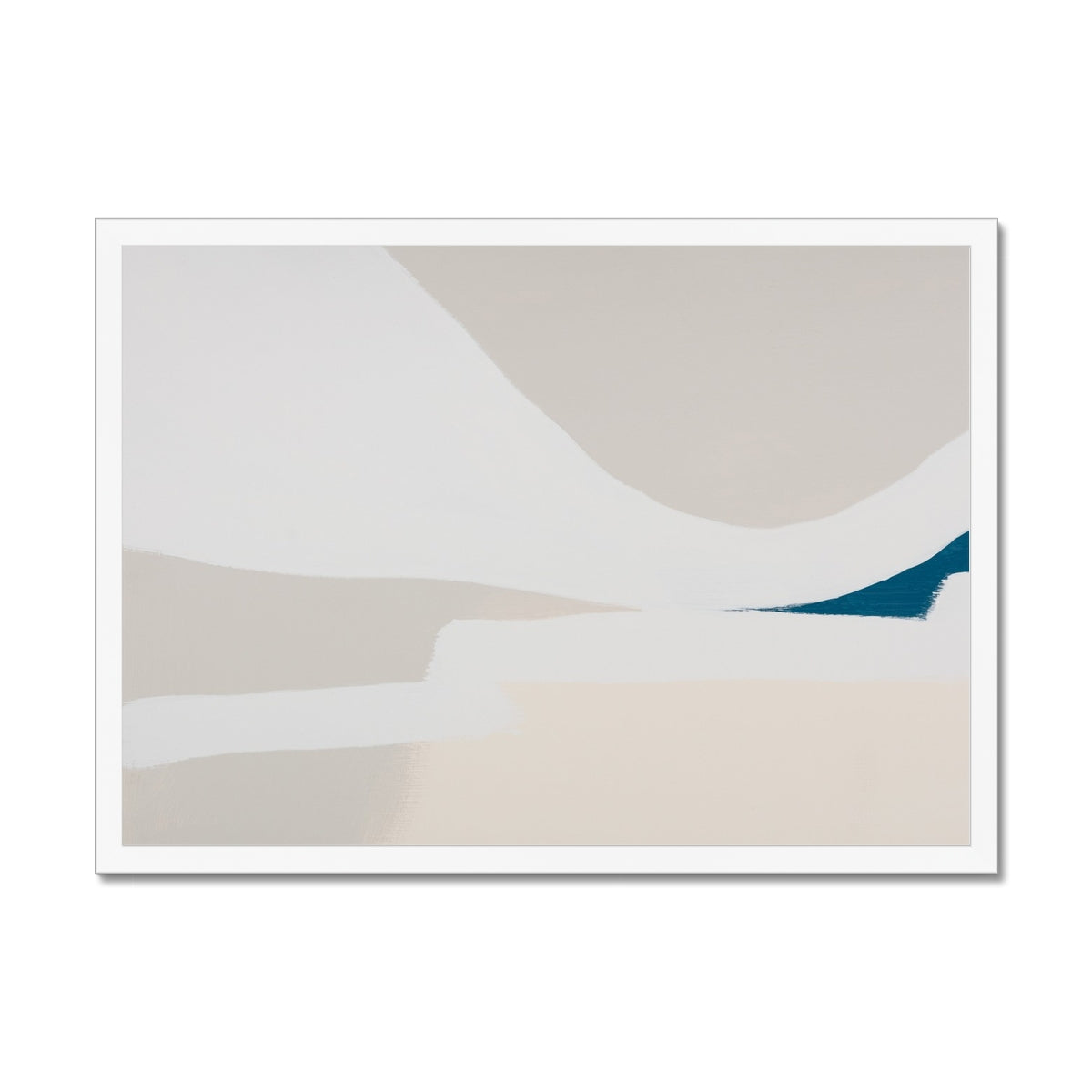 Abstract art print with geometric shapes in beige, blue, and white on a white background