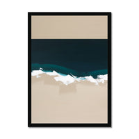 Abstract coastal painting with navy sea, white surf and soft sandy shoreline in neutral tones