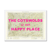 Map of The Cotswolds with text 'The Cotswolds is our happy place' in pink on a white background