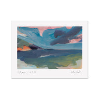 An abstract landscape art print featuring textured brushstrokes of blue, green, pink, and orange, presented on a white paper sheet with handwritten signatures and dates at the bottom.