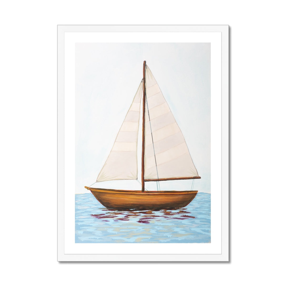 Framed artwork of a sailboat on water with a white border