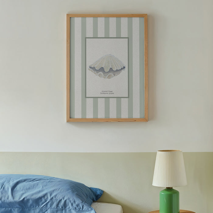 Hand-painted Clam Shell Art Print | Sea Moss Green Stripe Background - Unframed