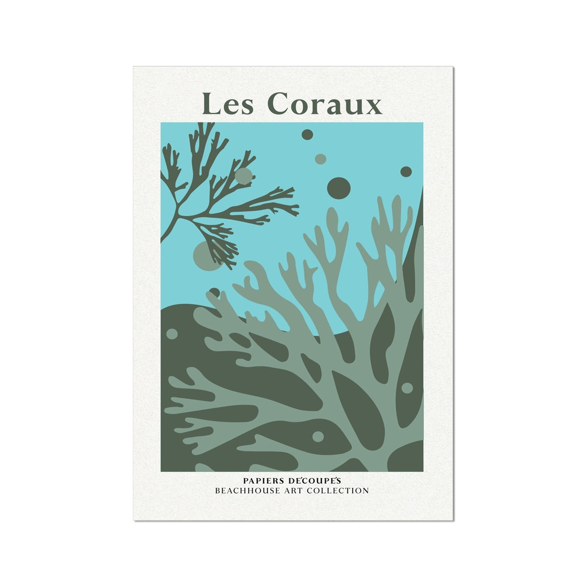 Coral and seaweed art print, featuring the text 'Les Coraux' and 'Beachhouse Art Collection'.