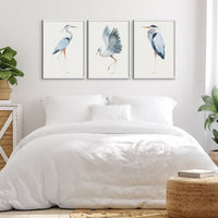Set of Three Heron Prints - Unframed Set Beach House Art - Vintage bird paintings