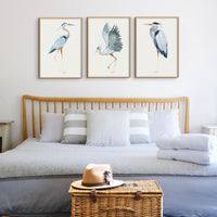 Set of Three Heron Prints - Unframed Set Beach House Art - Vintage bird paintings