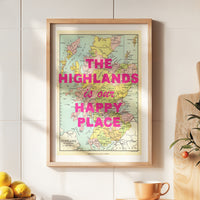 Framed map with 'The Highlands is our happy place' text on a wall.